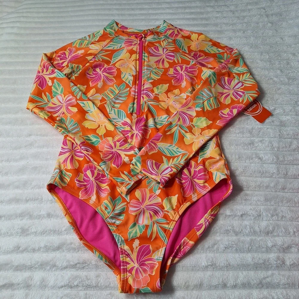 3 PC LOT One Pc Long Sleeve Rashguard Swimsuits‎ Girls L (10-12) Multi UPF 50+